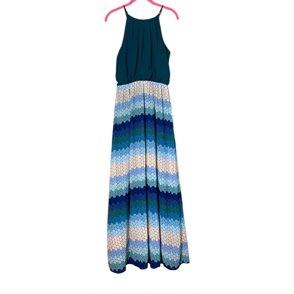 Umgee Blue Boho Maxi Dress Medium Halter Flowy Resort Beach